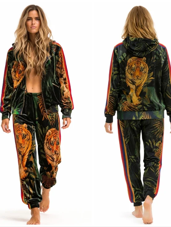 Aviator Nation Tiger Jungle Velvet Track Suit Rainbow Stripe Top XL Pant L F390 - Picture 3 of 14